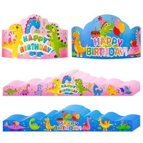 Waenerec 30 Pieces Birthday Crowns for Classroom Adjustable Cute Happy Birthday Dinosaur Hats Colorful Paper Birthday Crown for Kids Family School Teachers Students Party Supplies