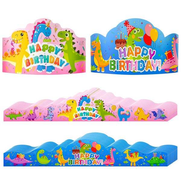 Waenerec 30 Pieces Birthday Crowns for Classroom Adjustable Cute Happy Birthday Dinosaur Hats Colorful Paper Birthday Crown for Kids Family School Teachers Students Party Supplies