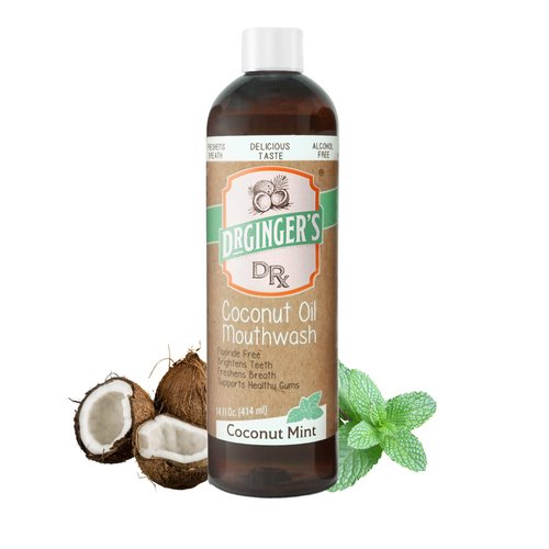 Dr. Ginger's Coconut Oil Pulling Mouthwash, All-Natural Oil & Xylitol to Target Bad Breath, Support Tongue and Gum Health and Brighten Teeth, Fluoride-Free, Coconut Mint Flavor, 14fl oz, 1ct
