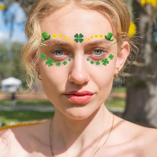 Aularso 10PCS St. Patrick’s Day Tattoos Irish Face Tattoo Stickers Glow Shamrock Temporary Tattoos Irish Pattern Accessories for Party Favors Supplies (Green-C)