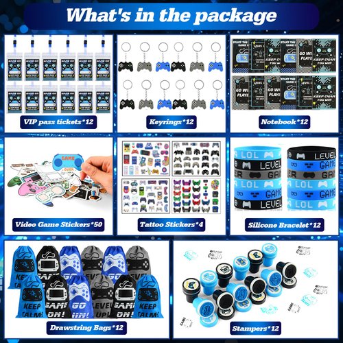 126 PCS Video Game Party Favors, Gaming Birthday Party Favors with Drawstring Bags VIP Pass Tickets Stamper Keychain Notebook Game On Party Favor Bags Gamer Party Supplies for Kids Adult