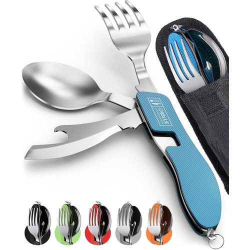 Orblue 4-in-1 Camping Utensils, 2-Pack - Portable Stainless Steel Spoon, Fork, Knife & Bottle Opener Combo Set - Travel, Backpacking Cutlery Multitool, Blue