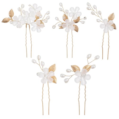 5Pcs Bridal Hair Pins, Peal Flower Hair Pins Gold Wedding Hair Piece Hair Accessories Hair Flower...