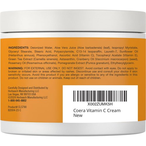 Coera Vitamin C Cream | 4oz | Brightening + Firming Formula | Free of Parabens, SLS & Fragrances | Dark Spot Masker for Face, Skin & Eyes | Packaging May Vary