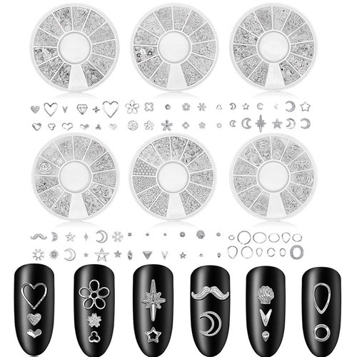 6 Boxes Nail Studs for Women 3D Nail Art Charms Accessories Metal Punk Star Moon Heart Triangle Square Rivet Gems Nail Art Jewels Decal for Girls Fingernails & Toenails Decorations Tips Manicure-Silve