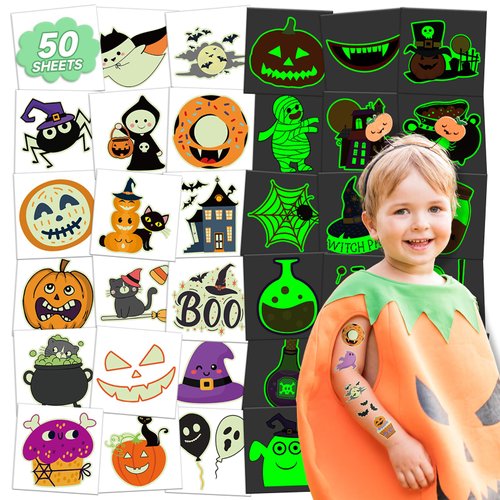 EMOME 50 Sheets Glow Halloween Tattoos for Kids, Cute Pumpkin Kid Temporary Tattoos Stickers, Halloween Party Favors Supplies Decoration Treats Bags for Boys Girls