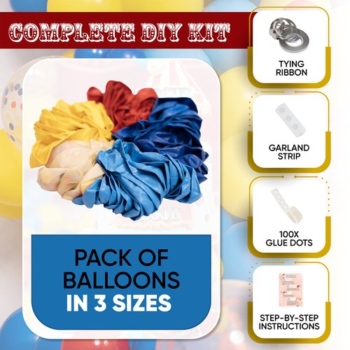 ALL-IN-1 Circus Balloons Arch Kit & Garland for Carnival Party Decorations Theme – Primary Color Balloons in Red Blue Yellow & Rainbow Confetti – Baby Shower Circus Birthday Party Supplies