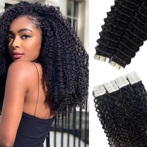 Kinky Curly Tape in Hair Extensions, Real Hair Extensions Tape in Extensions 20 inch Remy Hair Extensions Double Sided Strong Seamless Tape ins Kinky Curly Remy Hair 20pieces 50gram for Black Women