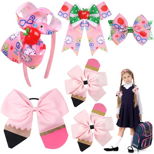 6 Pcs Back to School Hair Bow Clips Headband, Pink Back to School Bows, Grosgrain Ribbon Headbands, Girls Hairbow Clip and Headband for First Day of School Kindergarten Girls Hair Accessories