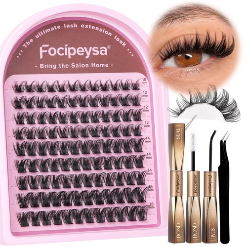 Focipeysa Lash Clusters Kit with Lash Bond and Seal Glue Wispy Eyelash Extensions Kit D Curl Individual Lashes Extension 10-16mm DIY Lash Extension Natural Clusters Lash Kit Soft Lashes Clusters