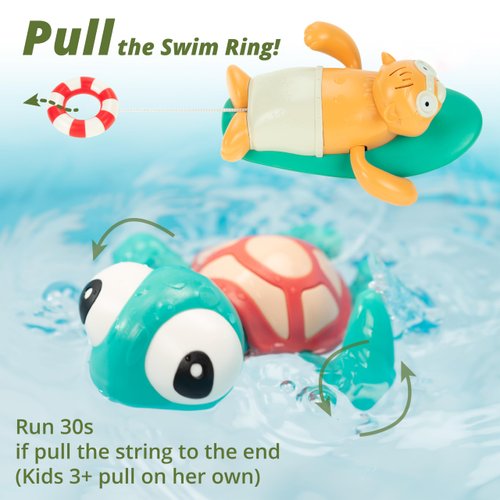 DUCKBOXX XX Pull-String Wind-up Swimming Beach Buddy Bath Toys, No Battery Mold-Free Anti-Rust Interactive Montessori Toy for Kids (Turtle & Beaver -- 2pcs)