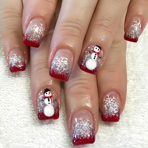 24PCS Glitter Christmas Press on Nails Short Square Winter Snowflake Fake Nails Cute Snowmen Design Silver Glitter False Nails Red French Tips Acrylic Nails Snowflake Glue on Nails for Women Girls