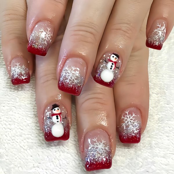 24PCS Glitter Christmas Press on Nails Short Square Winter Snowflake Fake Nails Cute Snowmen Design Silver Glitter False Nails Red French Tips Acrylic Nails Snowflake Glue on Nails for Women Girls