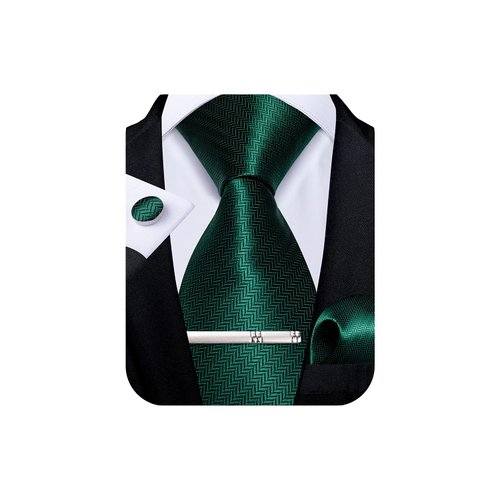 DiBanGu Mens Solid Emerald Green Tie and Pocket Square Cufflink Set Silk Formal Plain Green Necktie Wedding