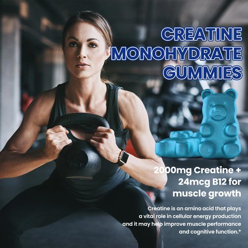 Creatine Monohydrate Gummies for Men & Women, Chewables Creatine Monohydrate with Vitamin B12 for Muscle Growth & Recovery-Vegan, Mixed Berry Flavor, 60 Gummies