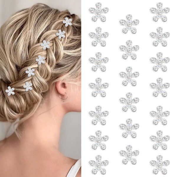 YISSION 20Pcs Mini Rhinestone Flower Hair Clips Cute Silver Hair Pins Small Decorative Hair Clips Wedding Hair Barrettes Bridal Hair Accessories for Girls Women