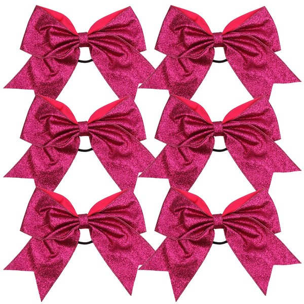 Cheerleader Bows Cheerleading 8 inch Sparkle Glitter Ponytail Holder Hair Tie School for High School College Girl Team Sports 6 Pcs … (Shocking Hot Pink)