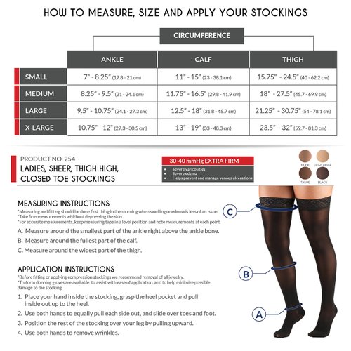 Truform Sheer Compression Stockings, 30-40 mmHg, Women's Thigh High Length, 30 Denier, Taupe, Small