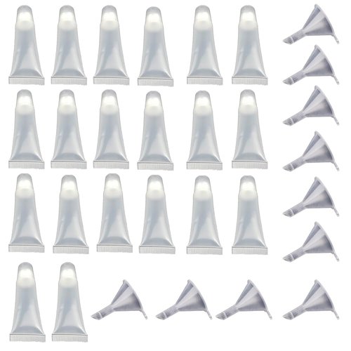 Leadigol 20 Pieces Empty Tubes + 10 Pieces Plastic Funnels,Cosmetic Clear Containers Tubes 10ml Lip Gloss Balm Sunscreen Cream Portable Travel Bag Clear Makeup Sample Jar