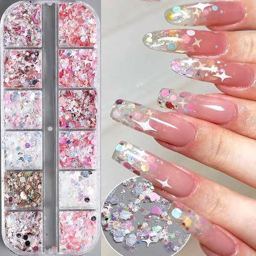 12 Colors Hexagon Chunky Glitter Holographic Crafts Stickers Sequins Heart Nail Art Glitter Mermaid Powder Flakes Shiny Charms Star Sequins Nail Art Supplies for Women DIY Acrylic Nails Decoration