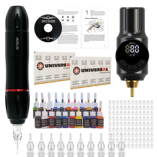 Javelin Portable Tattoo Pen Kit Starter Machine Gun Power Supply Set with Ink (Javelin Freedom Kit + 20 Colors) 86 PCS