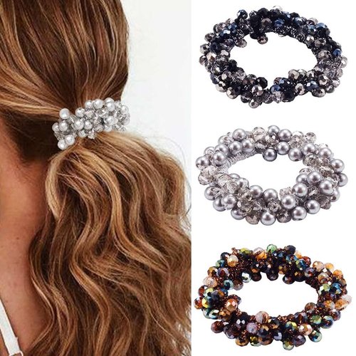 CAKURE Pearl Hair Ties Grey Rhinestone Ponytail Holder Elastic Hair Scrunchies Stretchy Hair Accessories for Women and Girls (Pack of 3)
