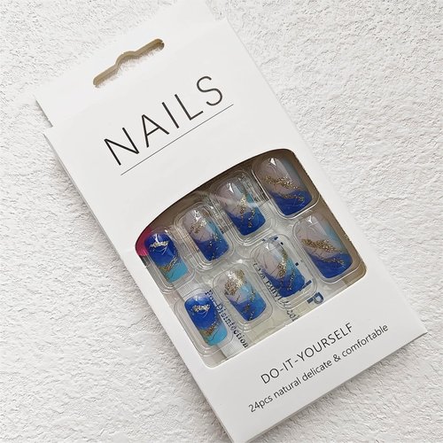 Short Press on Nails Square False Nails Medium Length Acrylic Nails Gold Lines Fake Nails Glitter Ombre Glue on Nails Blue to Transparent Gradient Stick on Nails Full Cover Nails for Women 24 Pcs