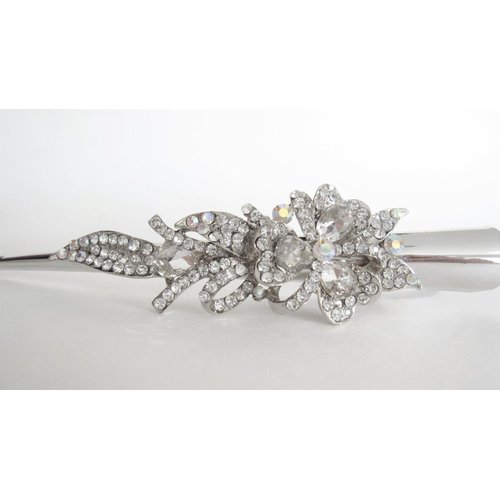 Generic Silver alligator flower and ribbon hair claw clip with clear and AB crystals