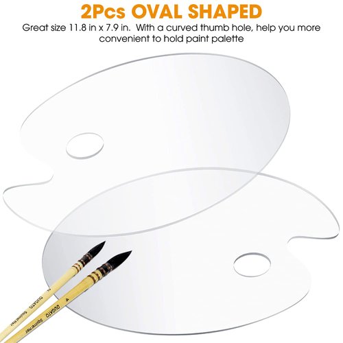 Acrylic Paint Palette 2pcs 11.8 x 7.9 inches with Thumb Hole by DUGATO, Clear Oval-Shaped Non-Stick Acrylic Oil Paint Mixing Tray- Comfortable to Hold & Easy to Clean - for DIY Art Painting Plate