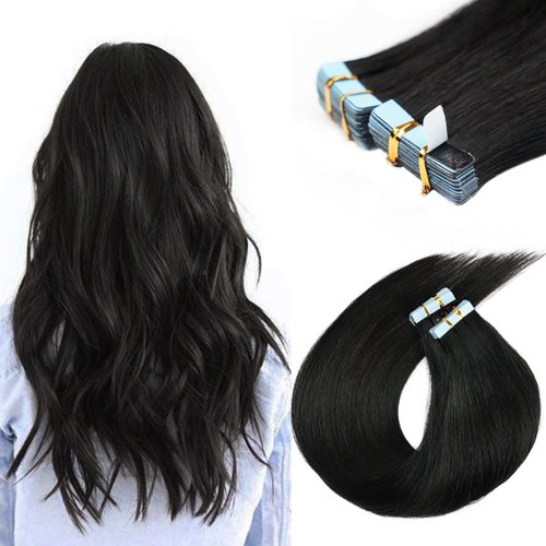 22 inch Tape in Hair Extensions Human Hair Invisible Straight Tape Hair Extensions for Women 20 Pcs/50g Seamless Skin Weft #1B Natural Black Real Hair Extensions Tape ins Human Hair