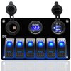 FXC 12 Volt Aluminum Marine Boat Rocker Switch Panel Waterproof 6 Gang Toggle Switch Panel Blue LED Lighted for Car Truck RV UTV ATV with USB Cigarette Lighter Socket Voltmeter