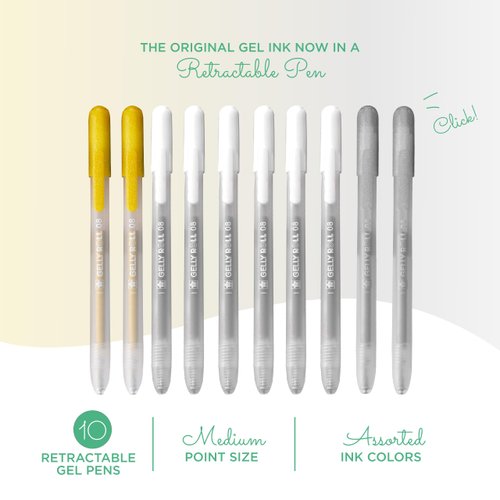 SAKURA Gelly Roll Retractable Gel Pens Colored - Opaque Color Set - Medium Point Ink Pen for Journaling, Art, or Drawing - Colored Gel Pens with White, Gold & Silver Ink - 10 Pack