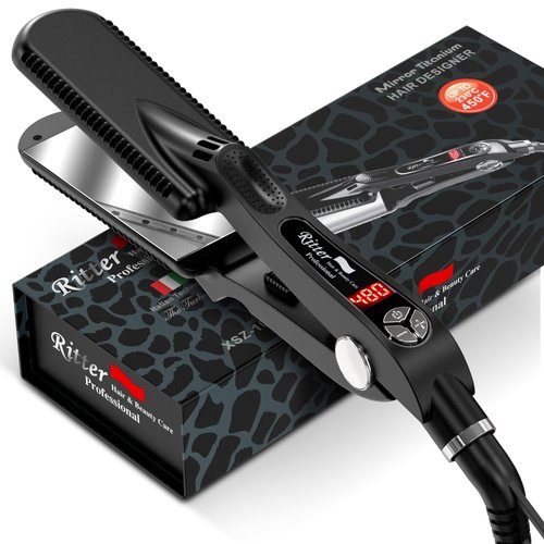 Ritter H&B.C Pro XSZ10 Mirror-Titanium Hair Straightener for Long or Curly Hair, 1.75", All Hair Types, 85W, 266F-480F, Digital Display, Dual Voltage 110V/240V Best Christmas Gift