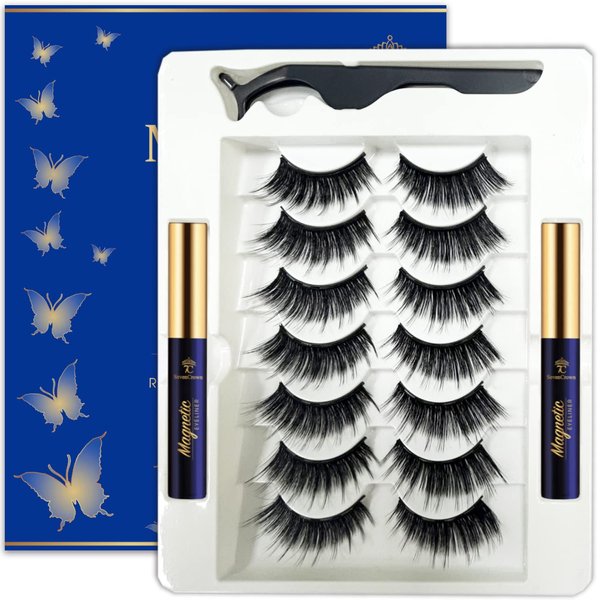 7C SevenCrown Magnetic Eyelashes 3D Medium Full volume Magnetic Lashes with Upgraded 2 Tubes of Magnetic Eyeliner, Waterproof,Natural Look,Long Lasting, Easy Reusable Fake Eyelashes 7 Pairs