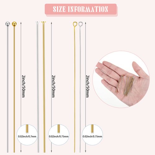 Unittype 600 Pcs Ball Head Pins Eye Pins Flat Head Pins with Plastic Box 50 mm Jewelry Making Pin Head Pins for Craft Earring Bracelet Necklace Pendant Making (Gold, Silver,2 Inch)