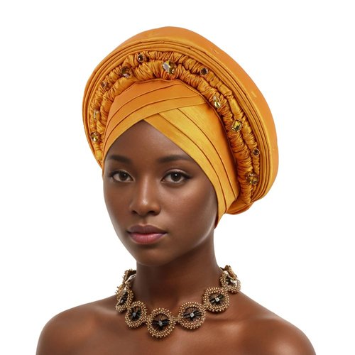 African Autogele Headtie Raw Silk Diamonds Head Wraps Women Turban Cap Nigeria Wedding Geles Party Headpiece Turbante Mujer (Gold)