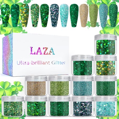 Laza St. Patrick's Day Nail Art Glitters 12 Colors Holographic Green Gold Fine Powder Chunky Clover Hexagon Sequins Confetti Nail Flakes for Nail Supplies Festival Craft Decoration - Verdant