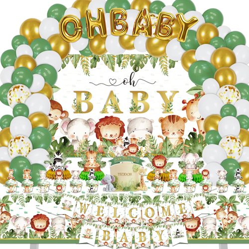 Safari Jungle Baby Shower Decorations, Jungle Animal Party Supplies Decor for Boy Girl Showers Birthdays with Banners Cake Topper Cupcake Topper Balloons Sash Corsage