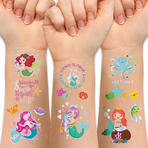 Mermaid Temporary Tattoos for Kids，86 Metallic Style Bronzing Fake Tattoos For Mermaid Birthday Party Gift Favor，Adorable Mermaid Tail Starfish Conch Octopus Ocean Animal Design