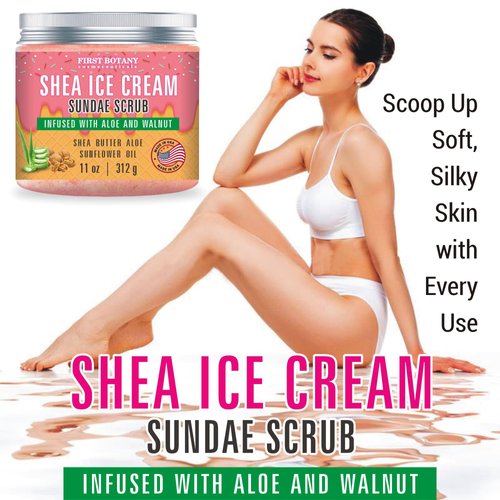Shea Ice Cream Body Scrub - W/Walnut Shell Powder, Natural Exfoliating Scrub for Body & Face, Moisturizes Skin, Reduces Acne, Cellulite, Wrinkles & Dead Skin, 10 oz