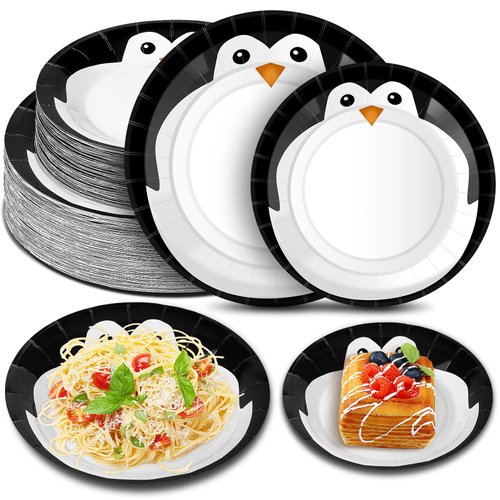 FoldTier 100 Pack Penguin Winter Paper Plates 9 Inch 7 Inch Round Disposable Dinner Dessert Plates Winter Penguin Pattern Tableware Paper for Winter Penguin Party Supplies Holiday Dinner Birthday