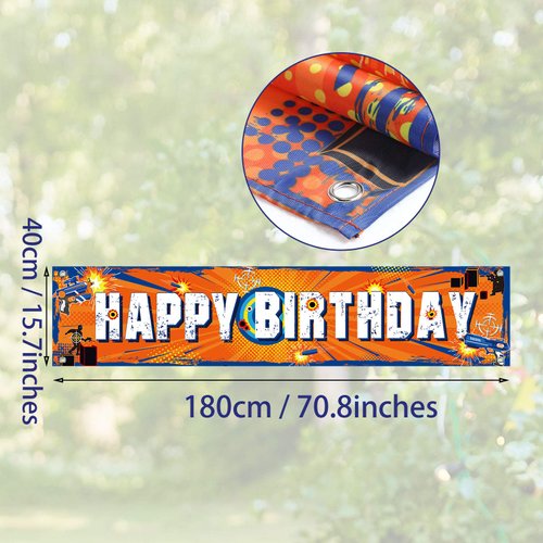 Sumind Dart Battle Party Supplies Horizontal Fabric Happy Birthday Banner, Orange, Boys Birthday Party Decorations, 71 x 16 Inch, Tear Resistant, Lightweight, Fold