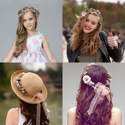 Flower Crown Headband Wristbands Rose Wreath Garland Hair Bands Wrist Bands Floral Wedding Bridal Hair Hoop Bracelet Women Leaf Ribbon Adjustable Handmade Rattan Vine Hair Accessories 3 Pack Blue