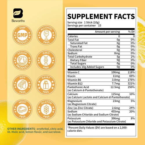 B BEWORTHS Electrolyte Powder Recovery Drink Mix | Sugar-Free Electrolyte Powder Packets Supplement with Potassium Zinc & Magnesium for Hydration - Keto Electrolytes, Non-GMO & Sugar-Free - 15 Stick