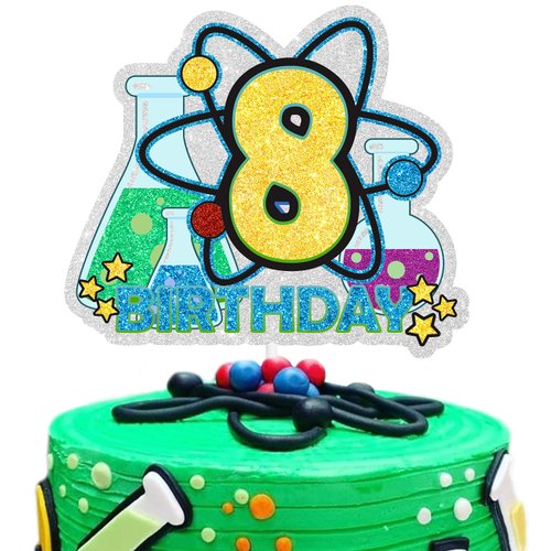 Science Happy 8th Birthday Cake Topper Chemistry Theme Cake Decorations Boys Girls Birthday Party Decor Supplies