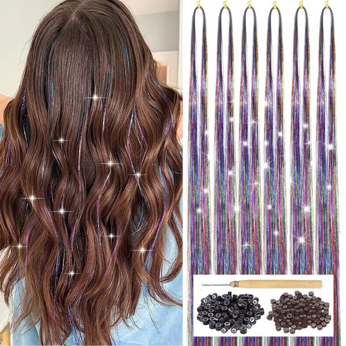 Hair Tinsel Kit with Tool 6pcs 1200 Strands Colorful Tinsel Hair Extensions Heat Resistant Sparkling Shiny Glitter Fairy Hair Accessories for Women Girls Kids 47Inch