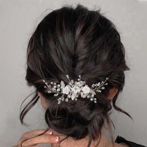 CASOLVX Bride Hair Comb Flower Leaf Headpiece Pearl Hair Clips Wedding Hair Accessories for Brides Bridesmaids Women