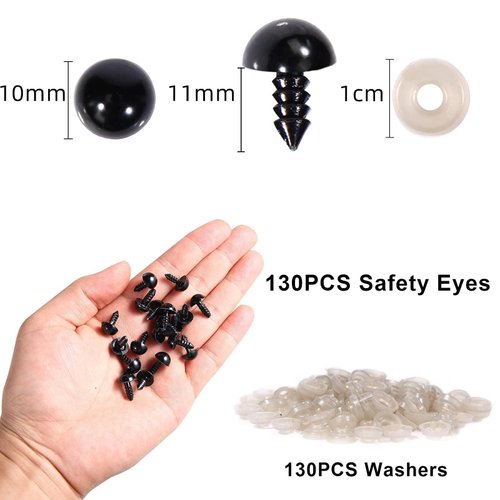 Vanblue Safety Eyes 260PCS 10mm Plastic Black Craft Eyes Teddy Bear Eyes with Washers for Amigurumi Stuffed Animals Crochet Toys Crafts Making Halloween Decorations