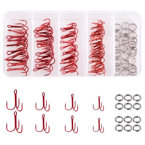 Red Treble Hooks Kit, Circle Round Bend Triple Fishing Hooks Stainless Steel Double Split Rings Assorted Fishing Tackle Box Kit for Fishing Gear Equipment Freshwater Saltwater (70-Hooks 25-Rings)