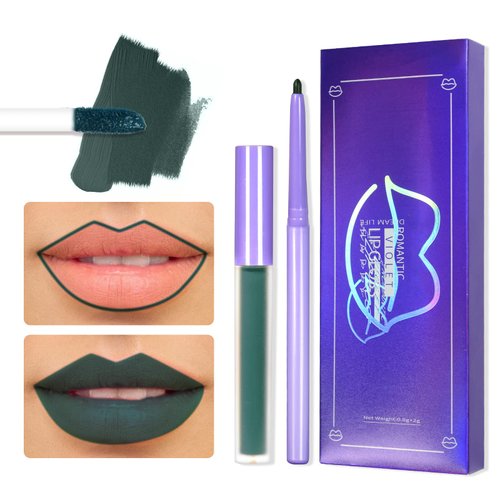 DAGEDA Matte Liquid Lipstick, 2Pcs Lip Liner and Lipstick Set, Waterproof Long-lasting Matte Lipstick Makeup Set, Non-Stick Cup Velvety Lip Stain Lip Gloss, Halloween Makeup Lipsticks Set (Green)